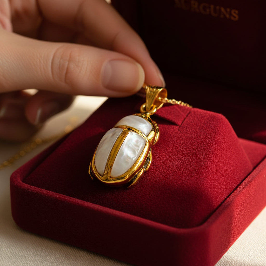Gold Scarab Mother of Pearl Pendant, Egyptian Revival Necklace