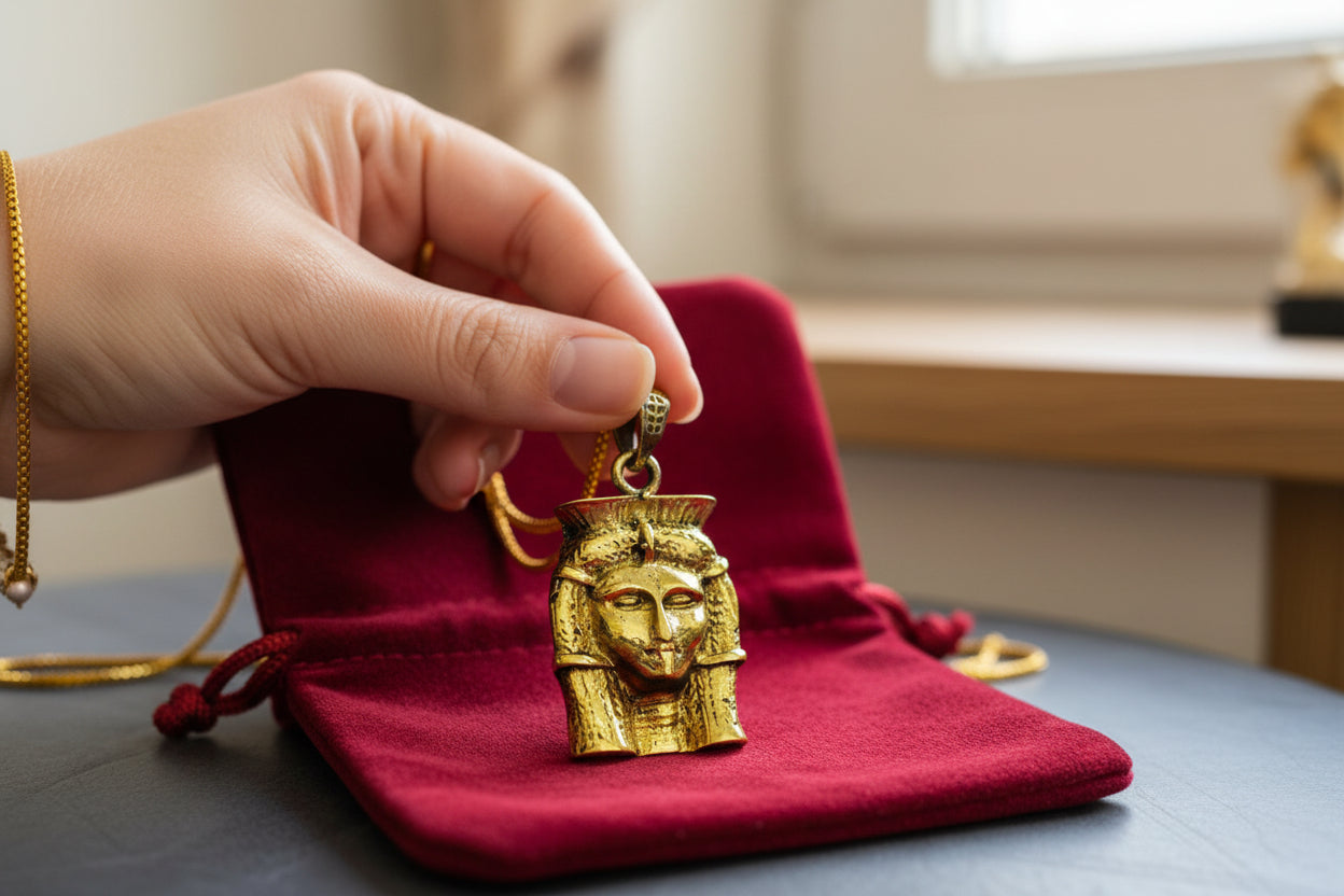 Gold Goddess Hathor Pendant, Egyptian Revival Necklace