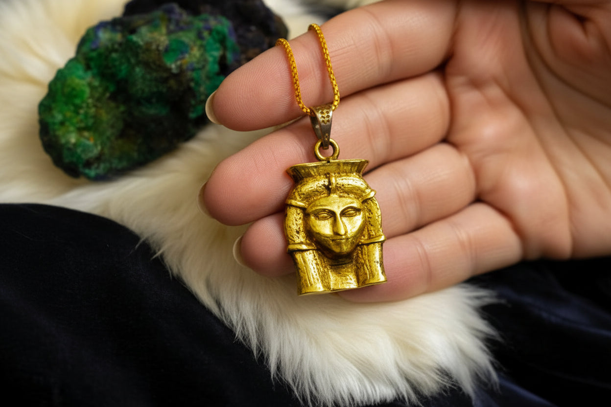 Gold Goddess Hathor Pendant, Egyptian Revival Necklace