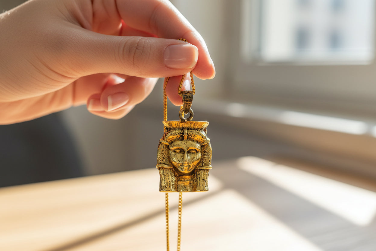 Gold Goddess Hathor Pendant, Egyptian Revival Necklace