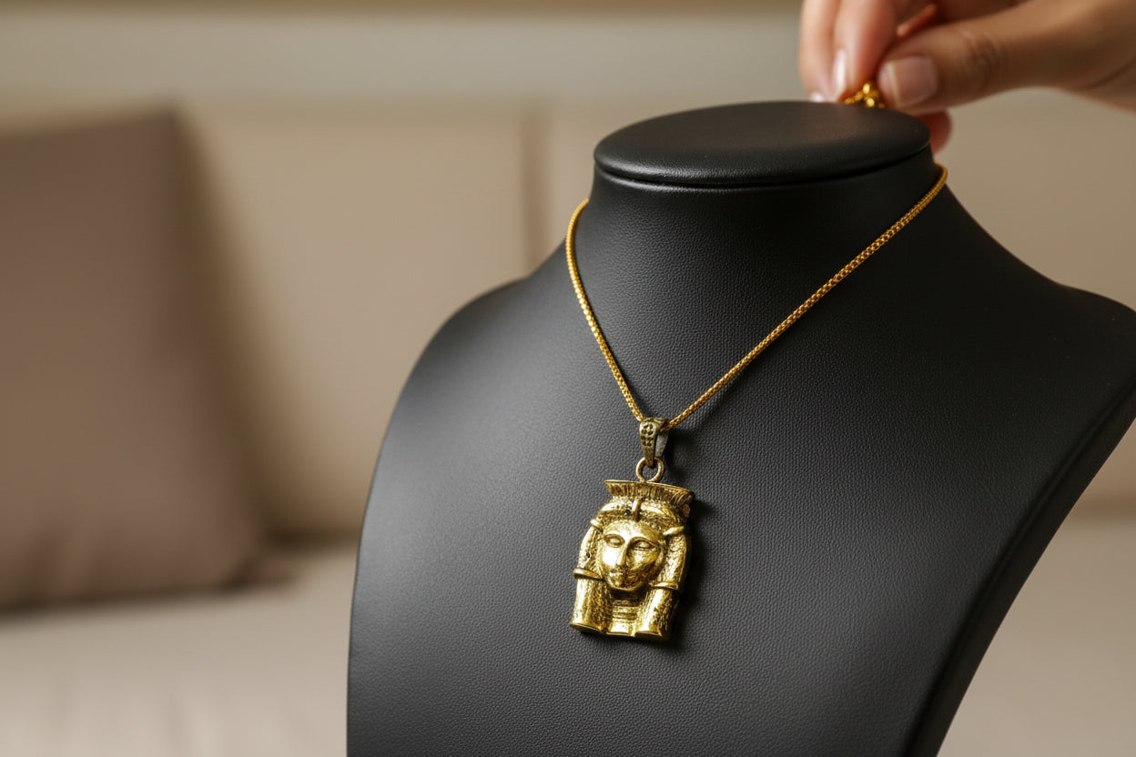Gold Goddess Hathor Pendant, Egyptian Revival Necklace