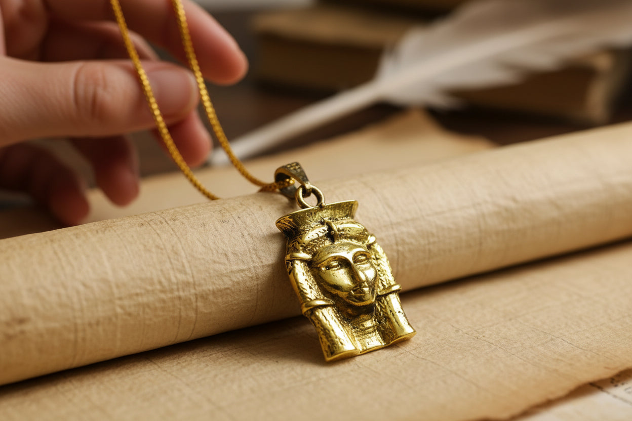 Gold Goddess Hathor Pendant, Egyptian Revival Necklace