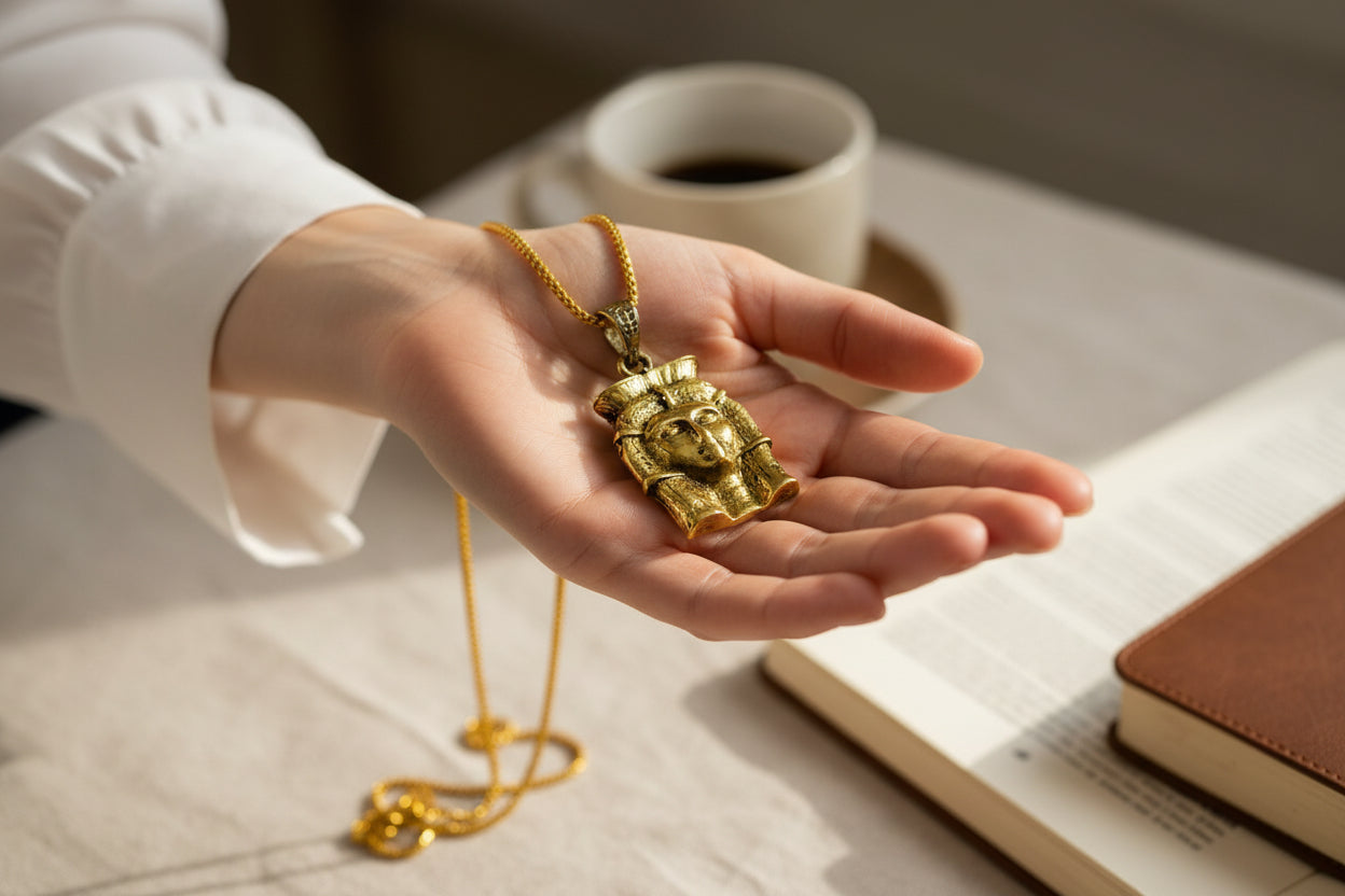 Gold Goddess Hathor Pendant, Egyptian Revival Necklace