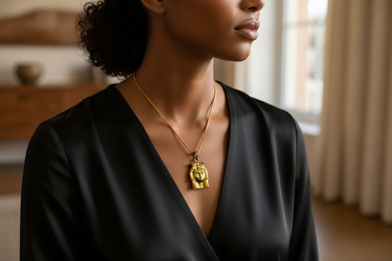 Gold Goddess Hathor Pendant, Egyptian Revival Necklace