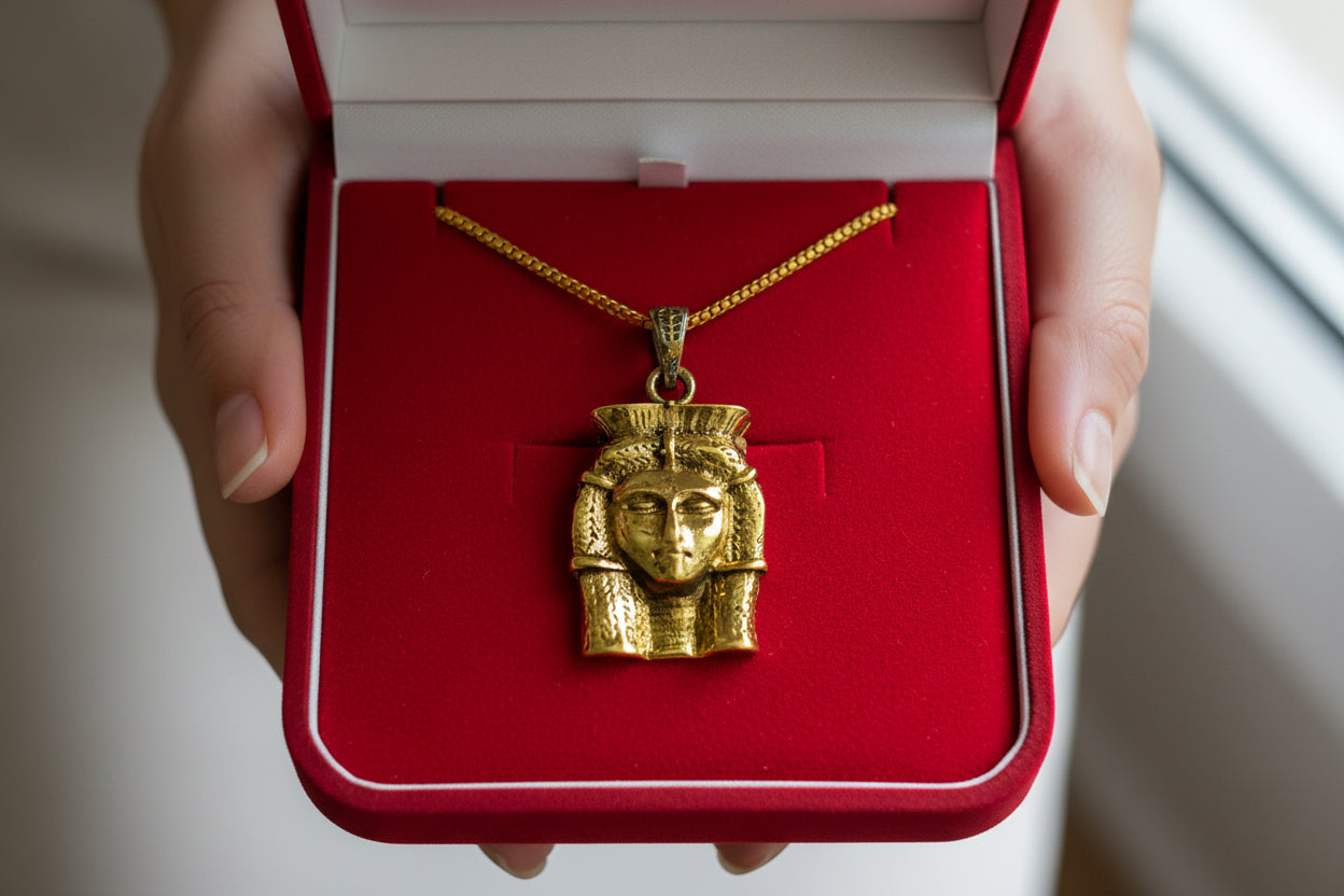 Gold Goddess Hathor Pendant, Egyptian Revival Necklace