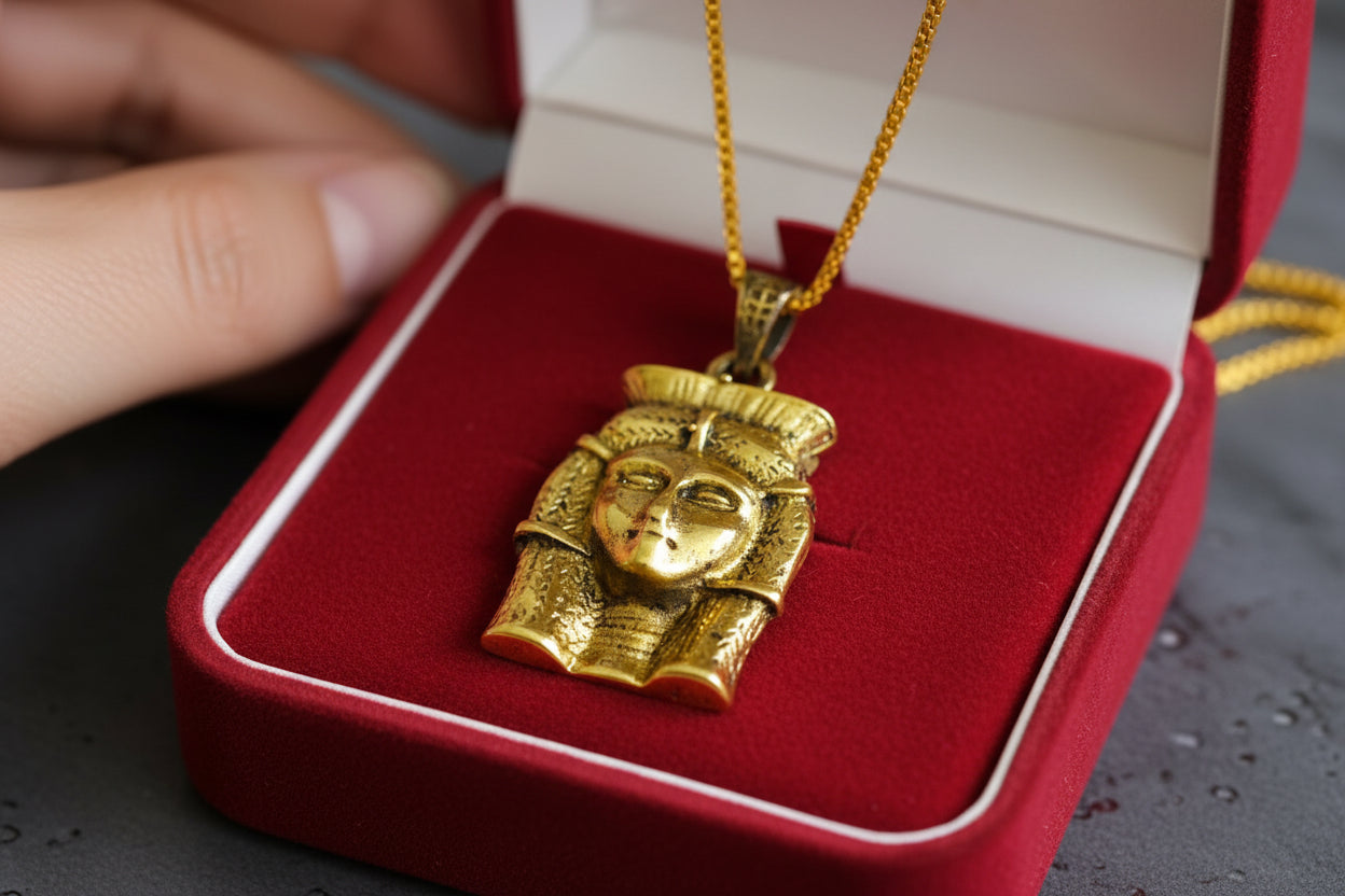 Gold Goddess Hathor Pendant, Egyptian Revival Necklace