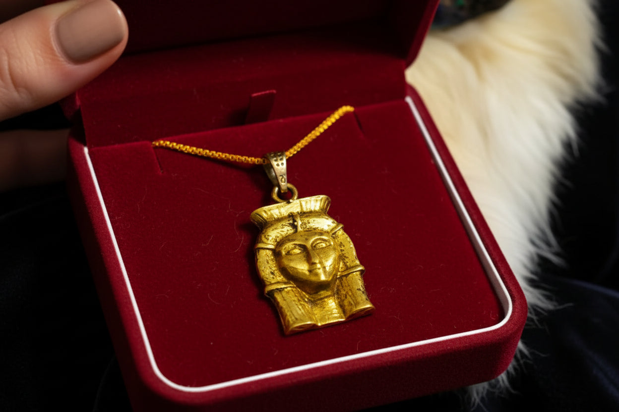 Gold Goddess Hathor Pendant, Egyptian Revival Necklace