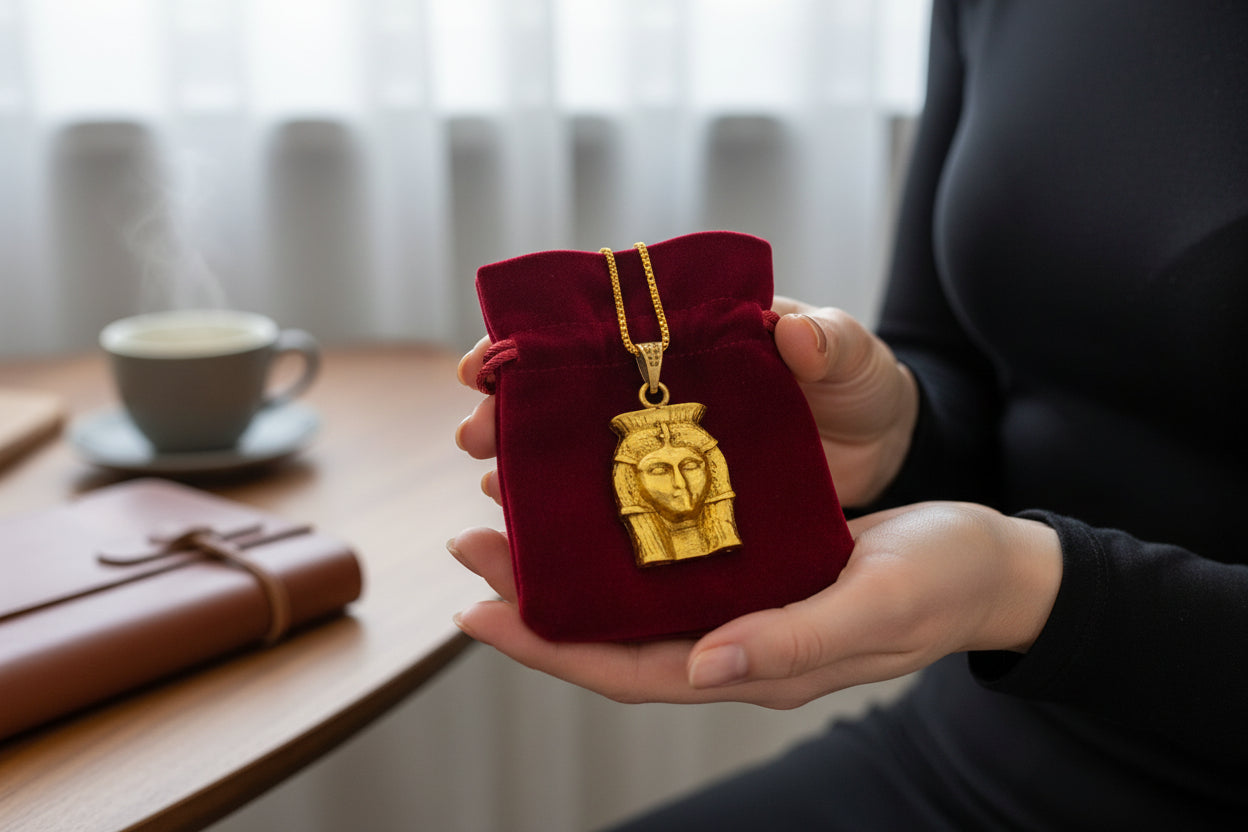 Gold Goddess Hathor Pendant, Egyptian Revival Necklace
