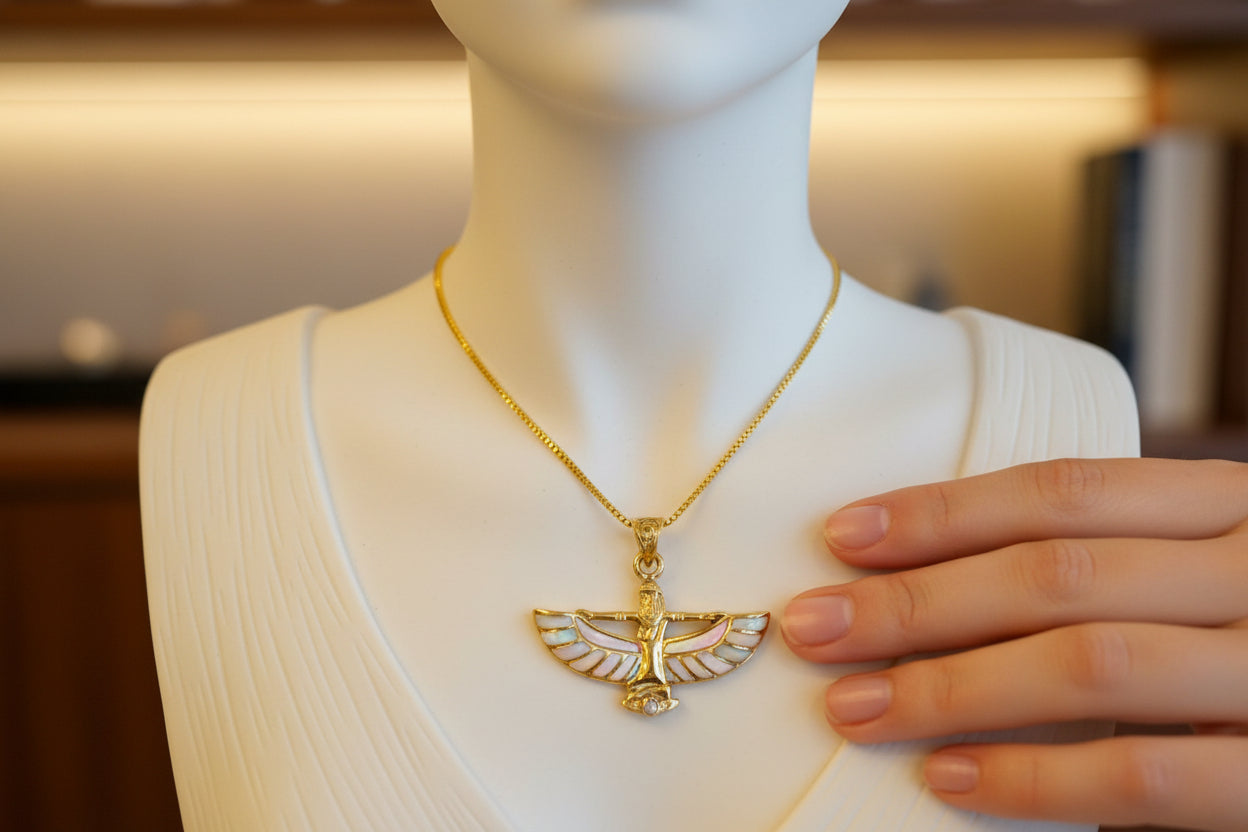 Opal Unique Gold Winged Goddess Isis Dainty Pendant Necklace, Egyptian Jewelry, Divine Pendant, Gift for Men and Women