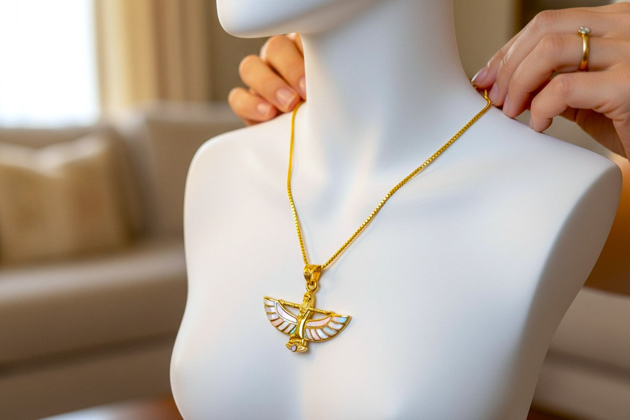 Opal Unique Gold Winged Goddess Isis Dainty Pendant Necklace, Egyptian Jewelry, Divine Pendant, Gift for Men and Women