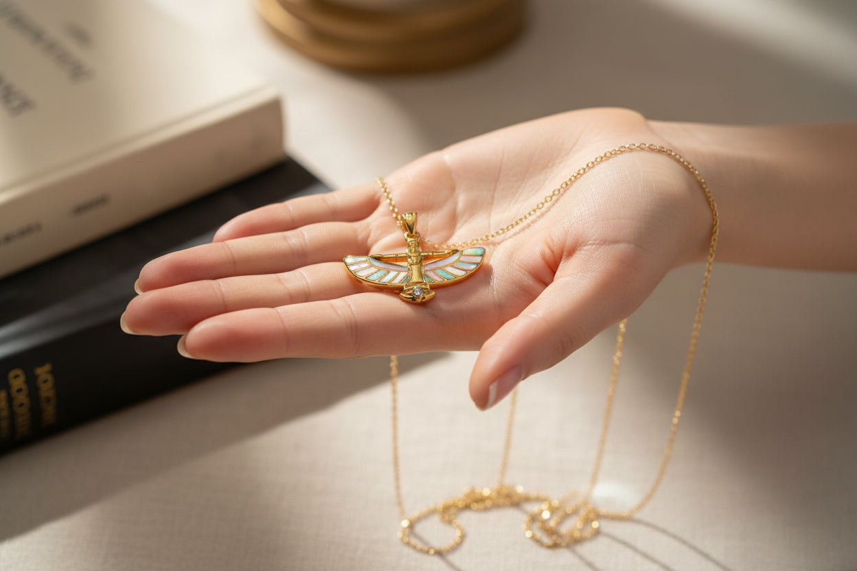 Opal Unique Gold Winged Goddess Isis Dainty Pendant Necklace, Egyptian Jewelry, Divine Pendant, Gift for Men and Women