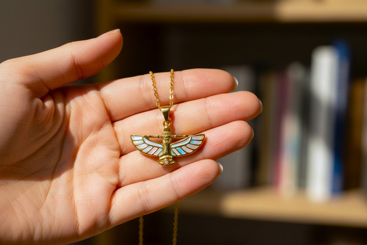 Opal Unique Gold Winged Goddess Isis Dainty Pendant Necklace, Egyptian Jewelry, Divine Pendant, Gift for Men and Women