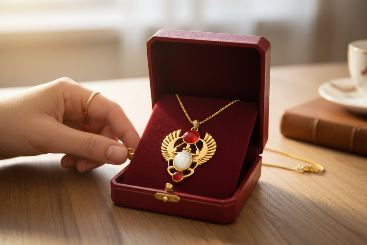 Gold Scarab Mother of Pearl Pendant Necklace, Egyptian Revival Jewelry