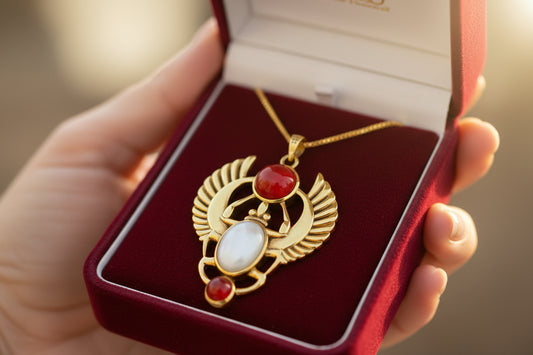 Gold Scarab Mother of Pearl Pendant Necklace, Egyptian Revival Jewelry