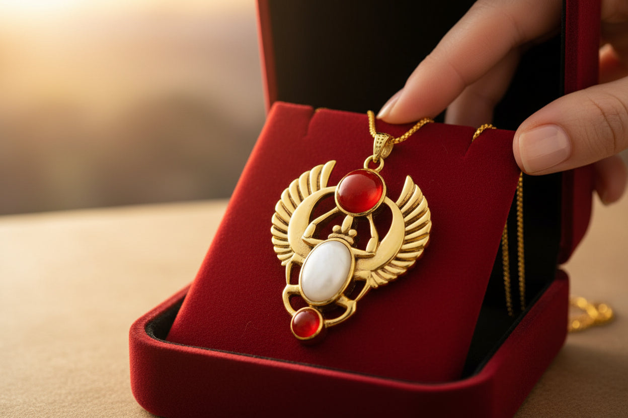 Gold Scarab Mother of Pearl Pendant Necklace, Egyptian Revival Jewelry