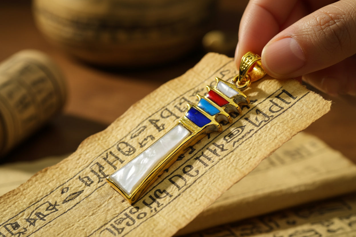 Mother of Pearl Djed Pillar Pendant, Gold Egyptian Revival Necklace