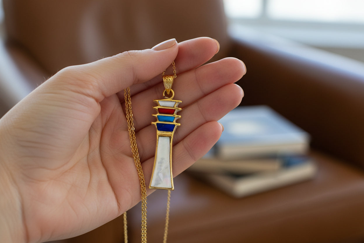 Mother of Pearl Djed Pillar Pendant, Gold Egyptian Revival Necklace