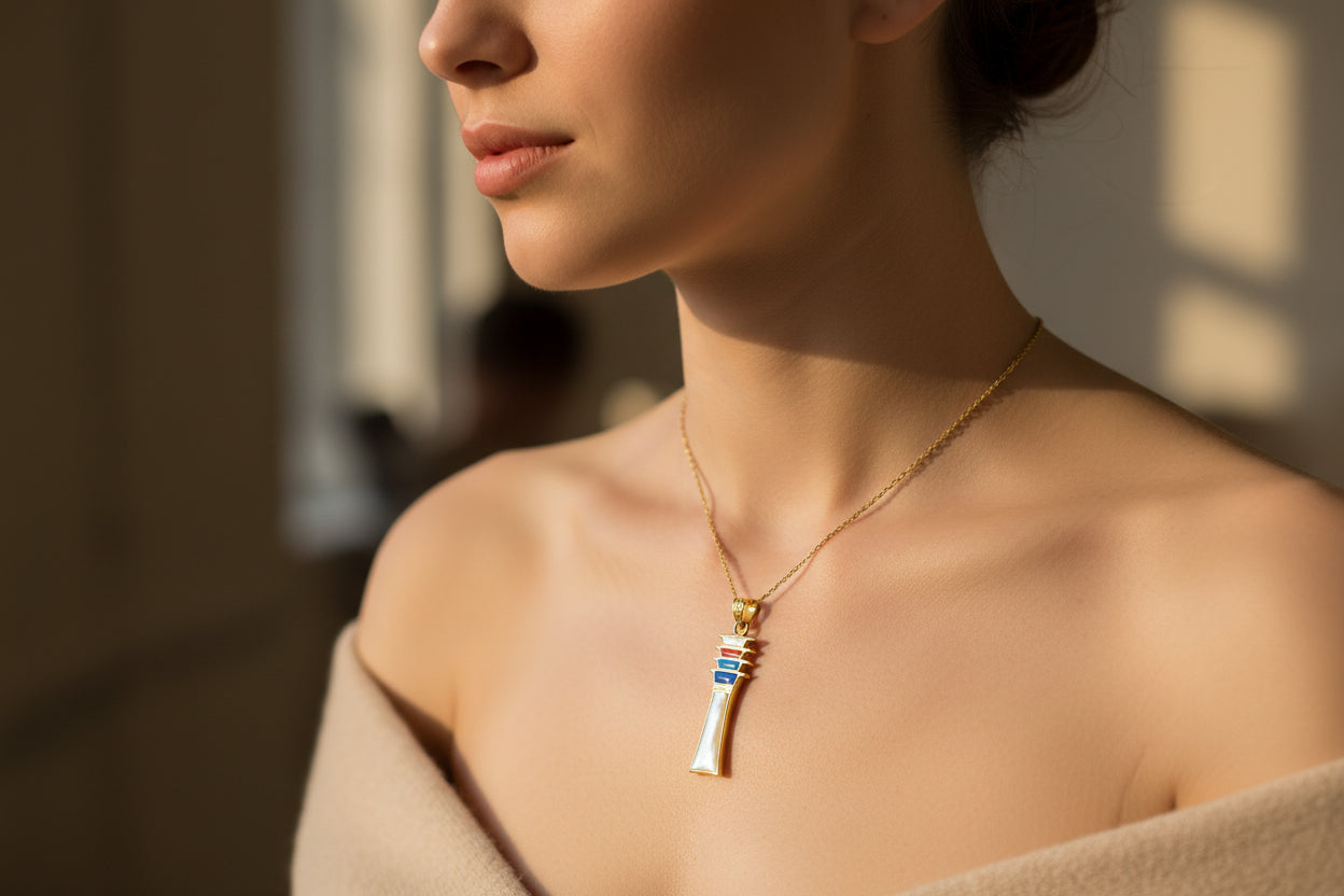 Mother of Pearl Djed Pillar Pendant, Gold Egyptian Revival Necklace