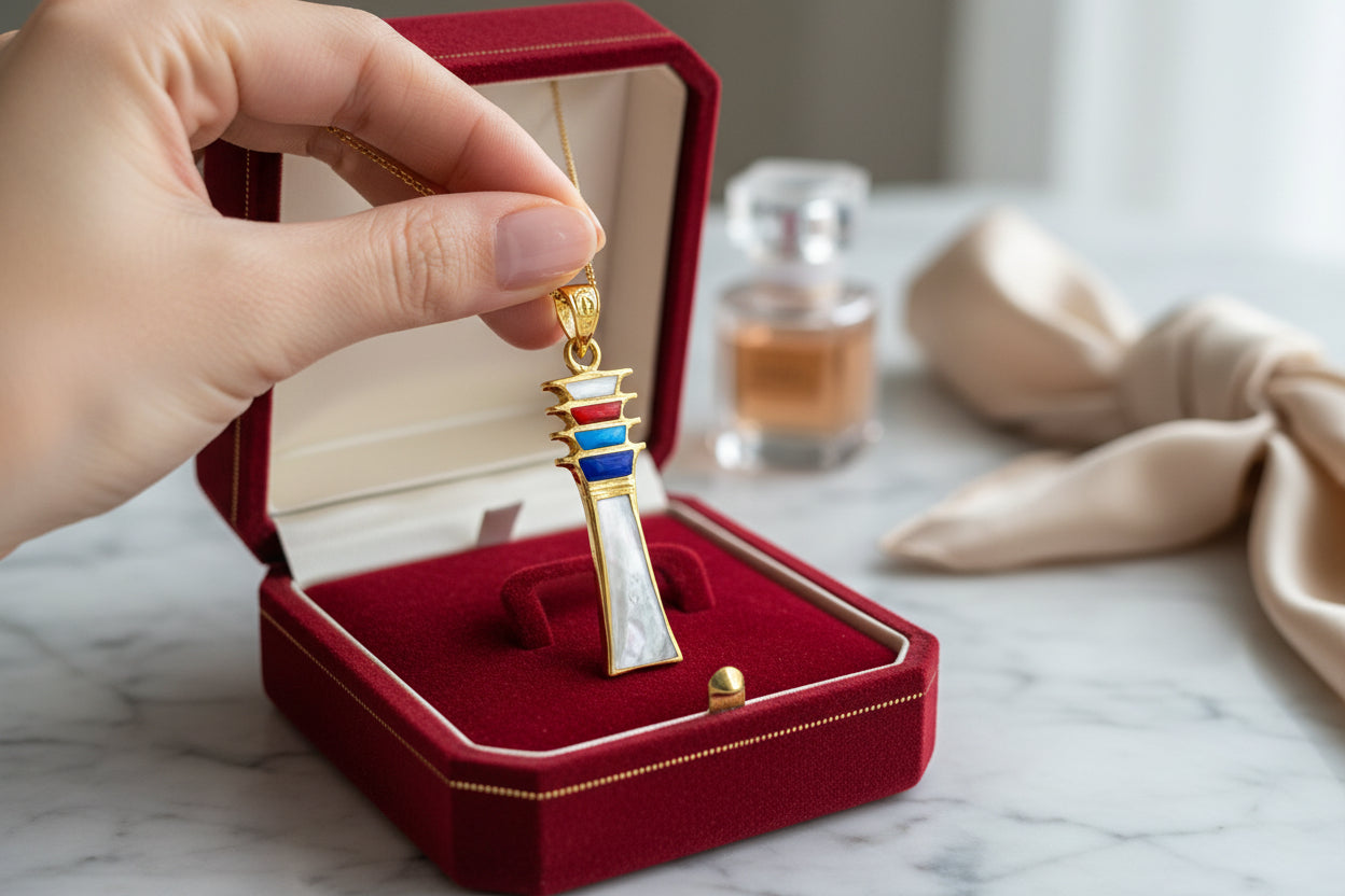 Mother of Pearl Djed Pillar Pendant, Gold Egyptian Revival Necklace