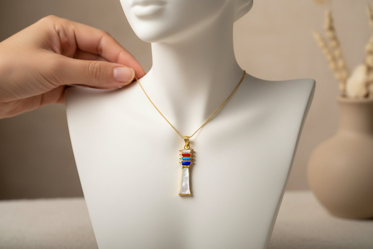 Mother of Pearl Djed Pillar Pendant, Gold Egyptian Revival Necklace