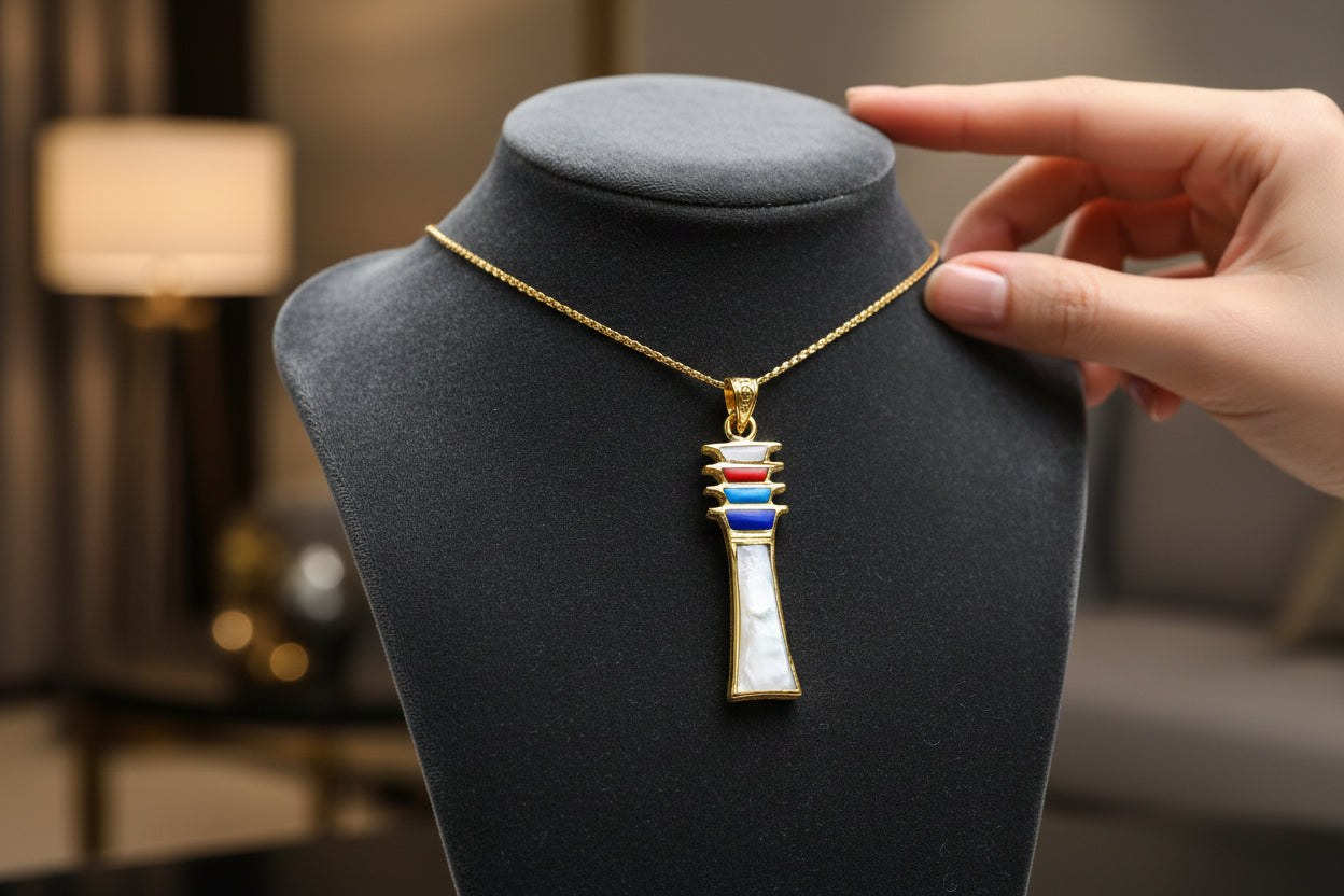 Mother of Pearl Djed Pillar Pendant, Gold Egyptian Revival Necklace
