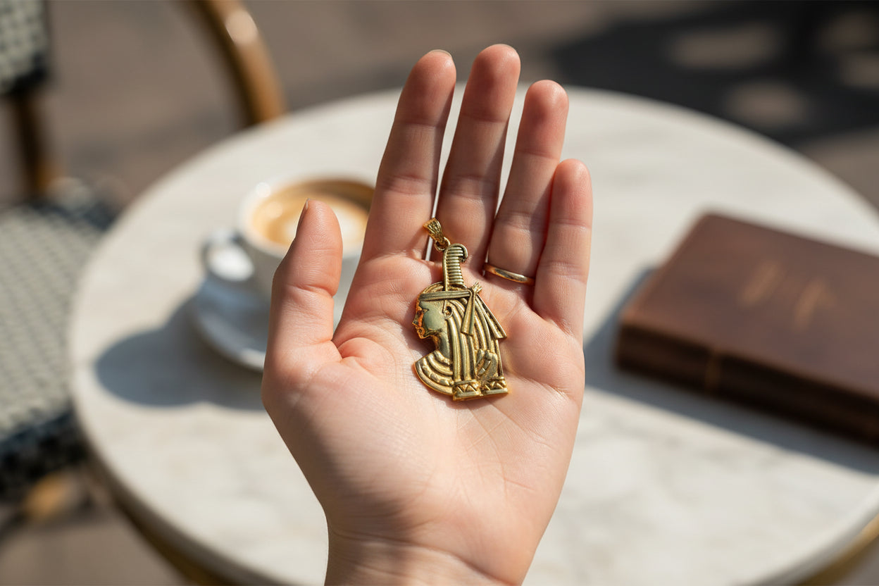 Gold Goddess Maat Pendant Necklace, Egyptian Revival Talisman