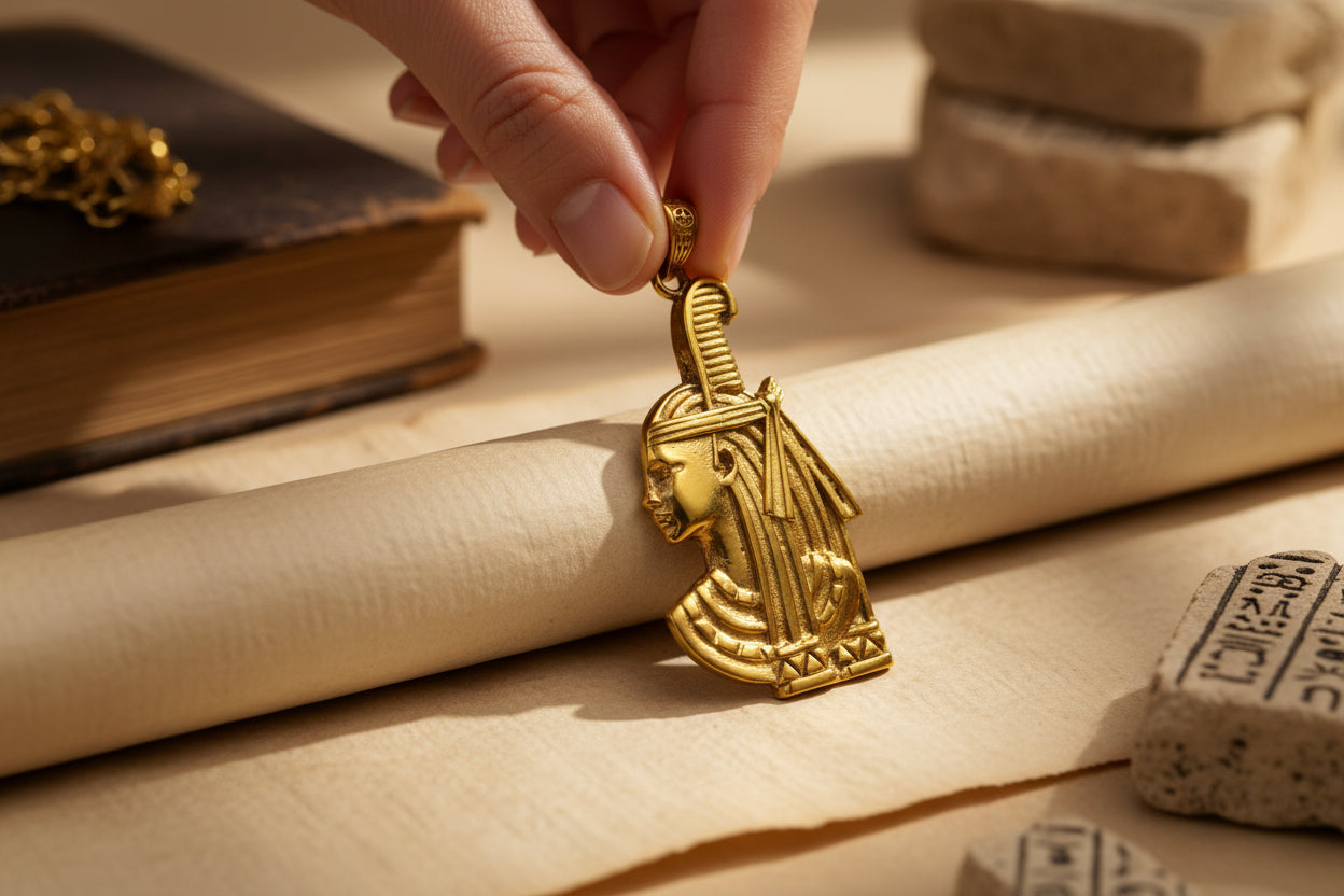 Gold Goddess Maat Pendant Necklace, Egyptian Revival Talisman
