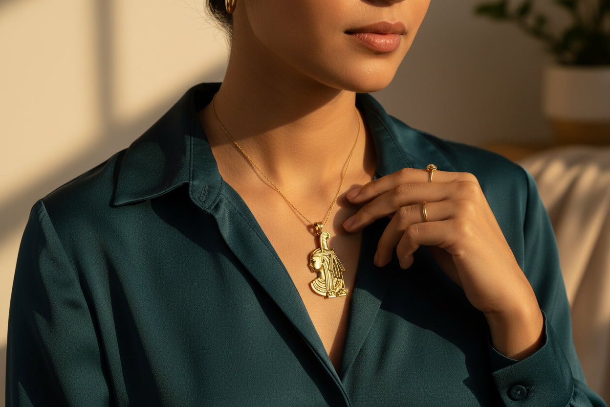 Gold Goddess Maat Pendant Necklace, Egyptian Revival Talisman