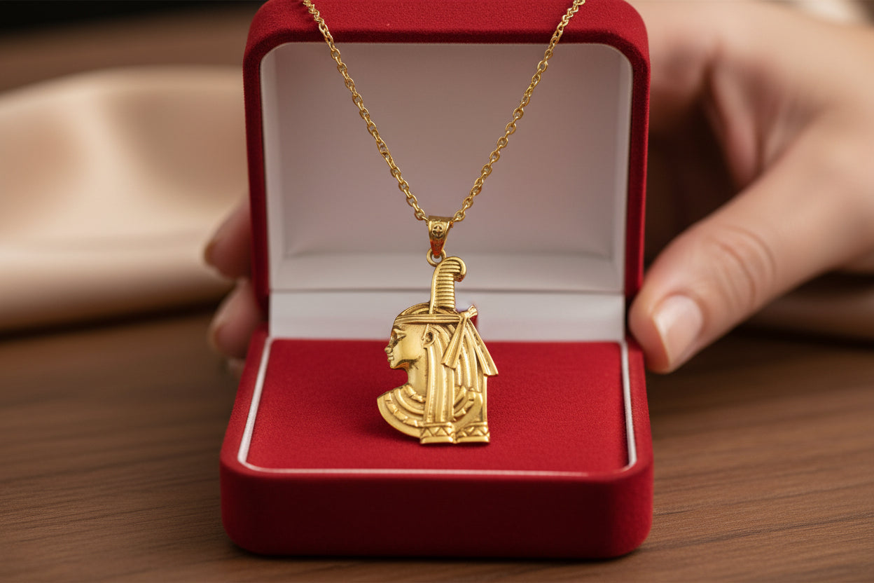 Gold Goddess Maat Pendant Necklace, Egyptian Revival Talisman