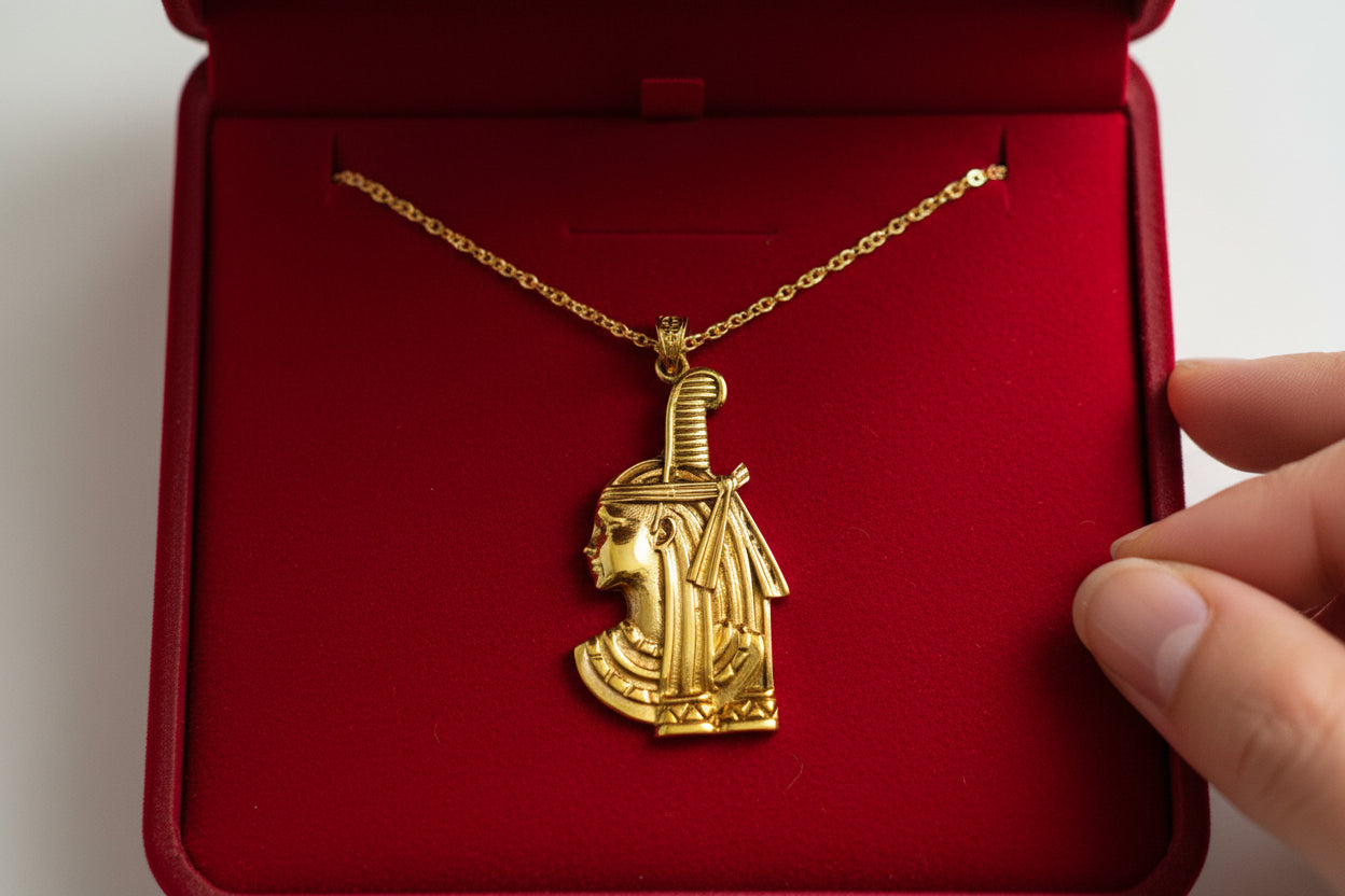 Gold Goddess Maat Pendant Necklace, Egyptian Revival Talisman
