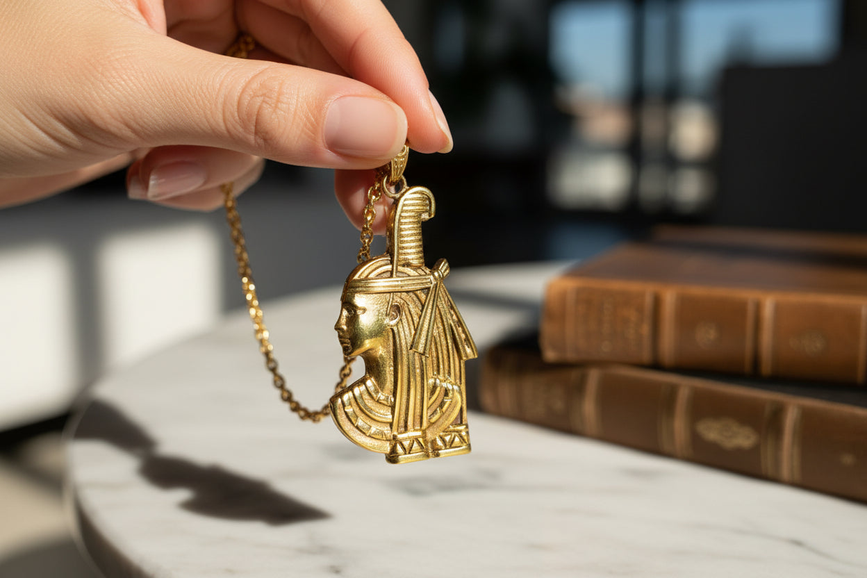 Gold Goddess Maat Pendant Necklace, Egyptian Revival Talisman