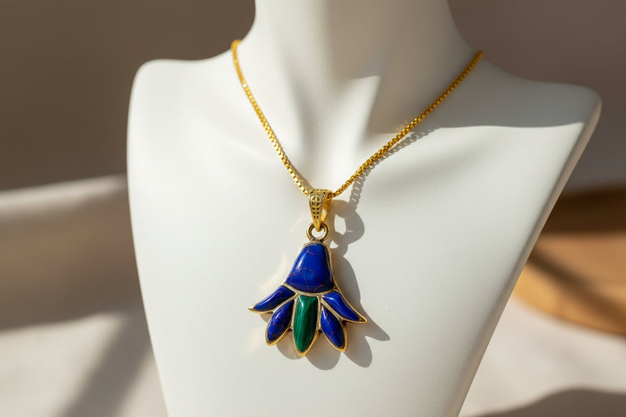 Gold Lotus Flower Pendant, Egyptian Talisman with Lapis Lazuli & Malachite