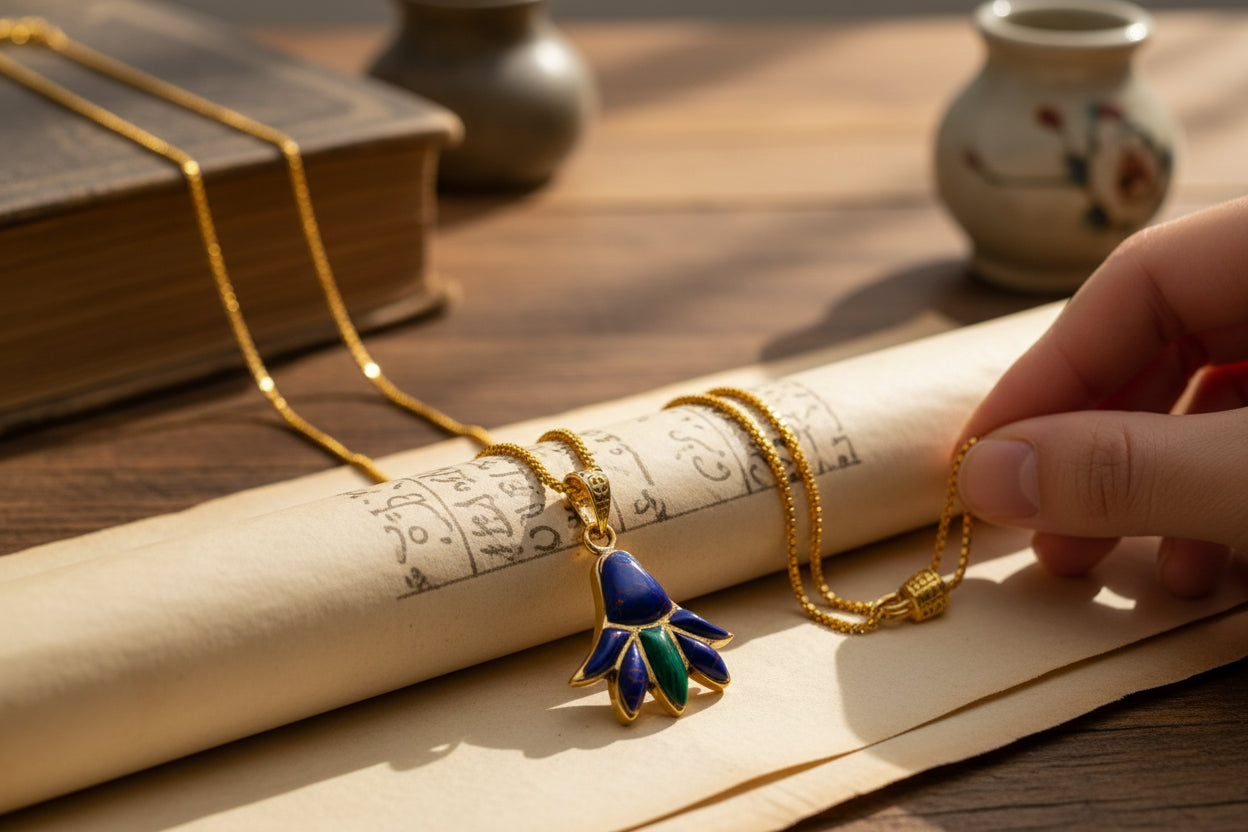 Gold Lotus Flower Pendant, Egyptian Talisman with Lapis Lazuli & Malachite