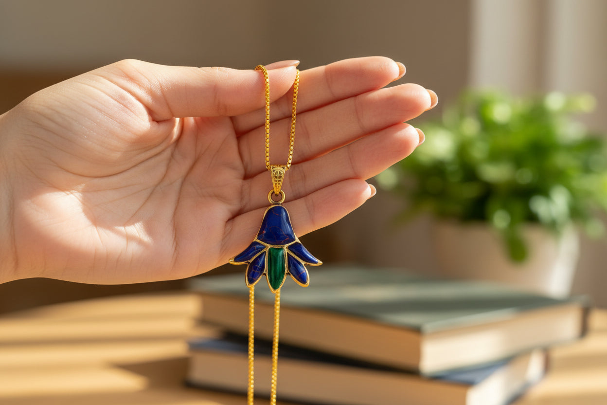 Gold Lotus Flower Pendant, Egyptian Talisman with Lapis Lazuli & Malachite