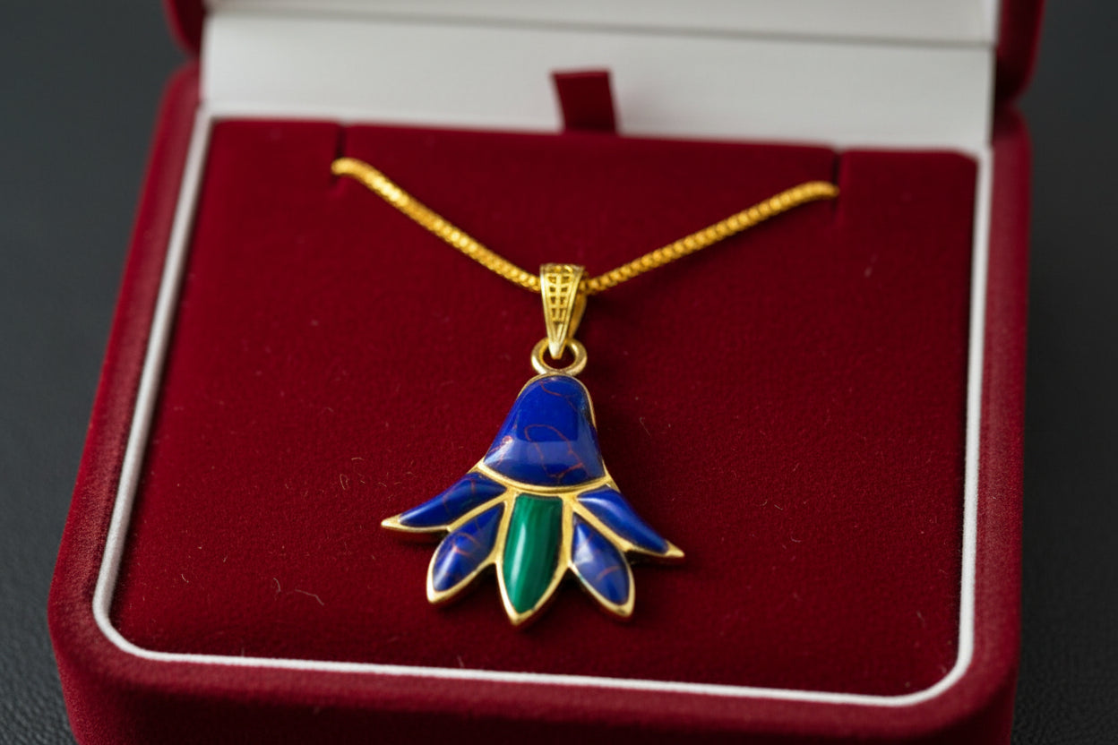 Gold Lotus Flower Pendant, Egyptian Talisman with Lapis Lazuli & Malachite
