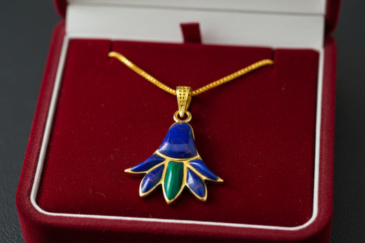 Gold Lotus Flower Pendant, Egyptian Talisman with Lapis Lazuli & Malachite