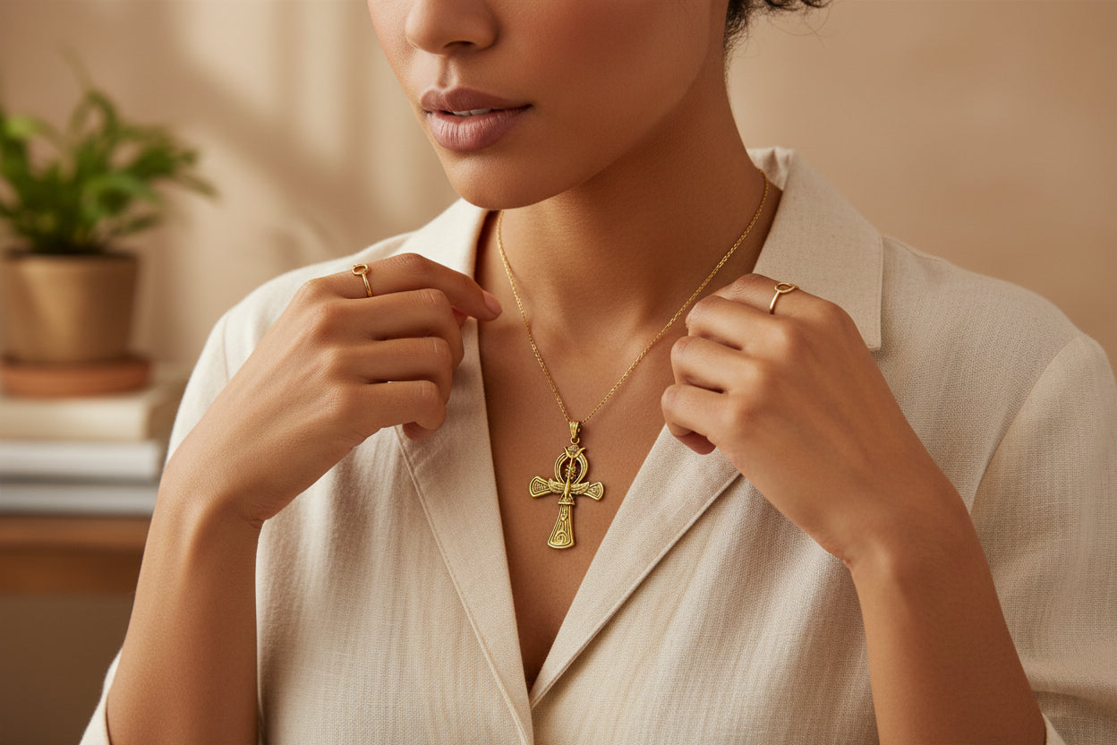 Gold Ankh Pendant Necklace, Egyptian Revival Jewelry Gift
