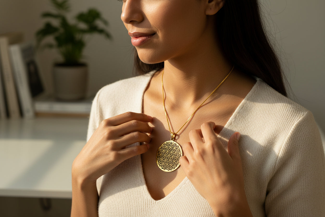 Gold Flower of Life Pendant, Egyptian Talisman Necklace
