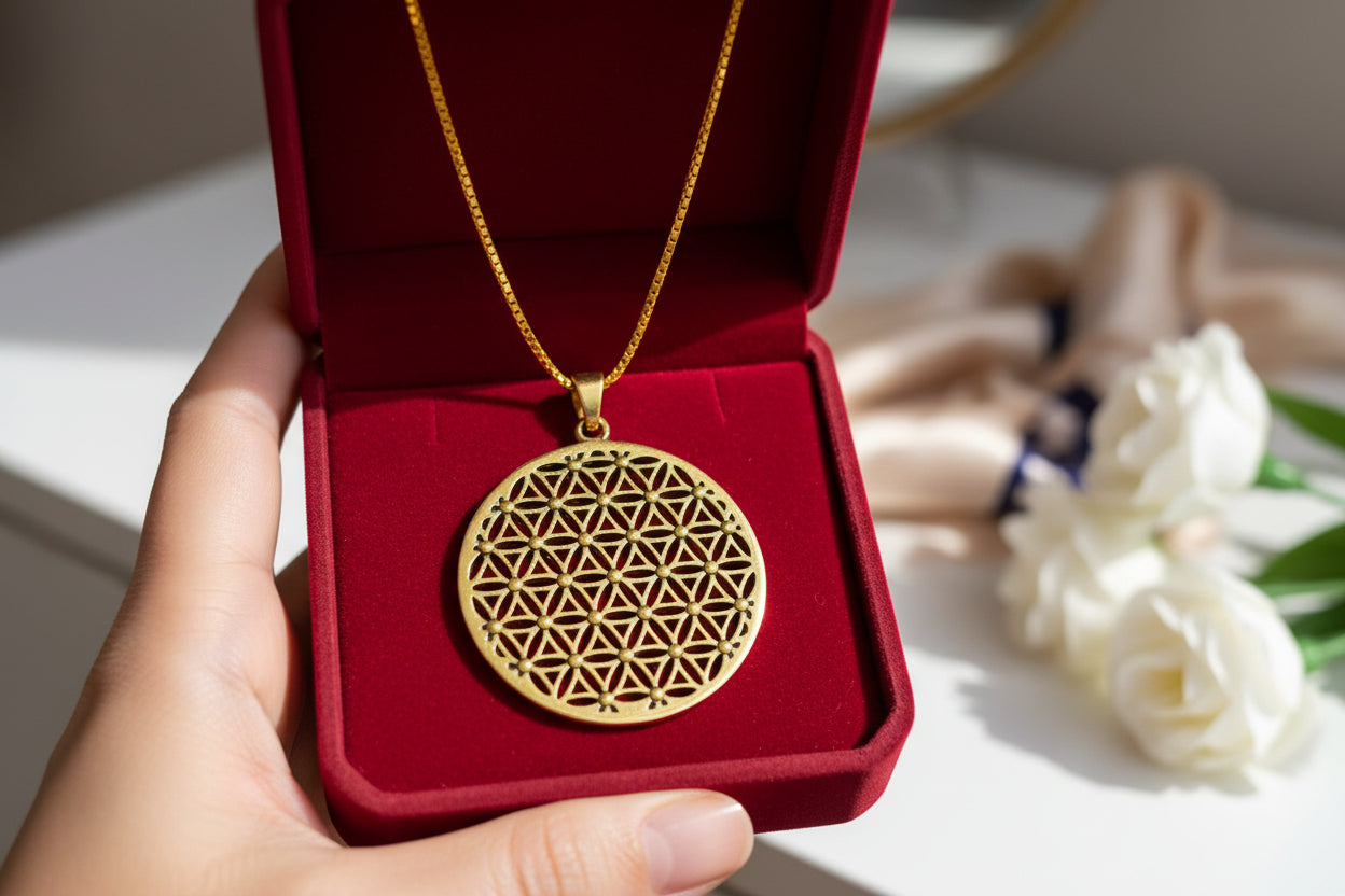 Gold Flower of Life Pendant, Egyptian Talisman Necklace