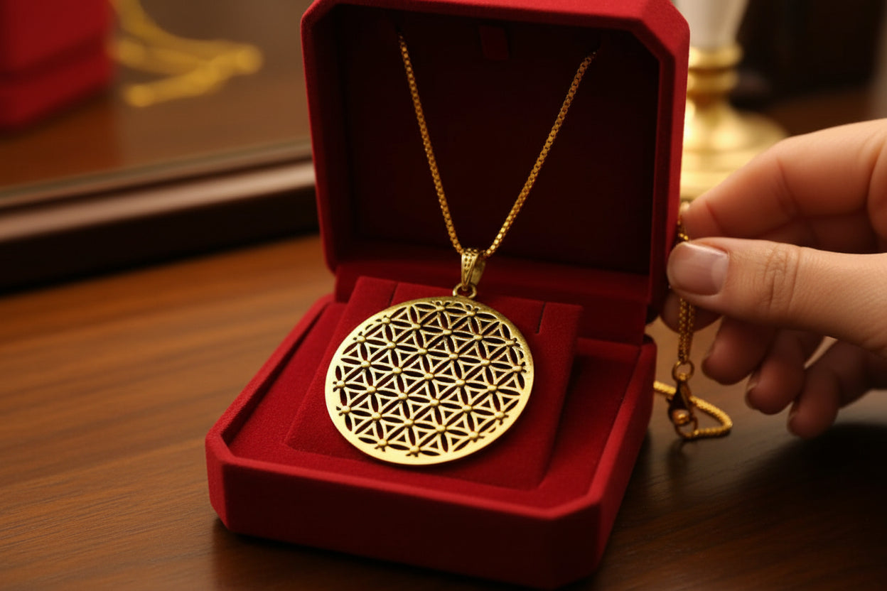 Gold Flower of Life Pendant, Egyptian Talisman Necklace