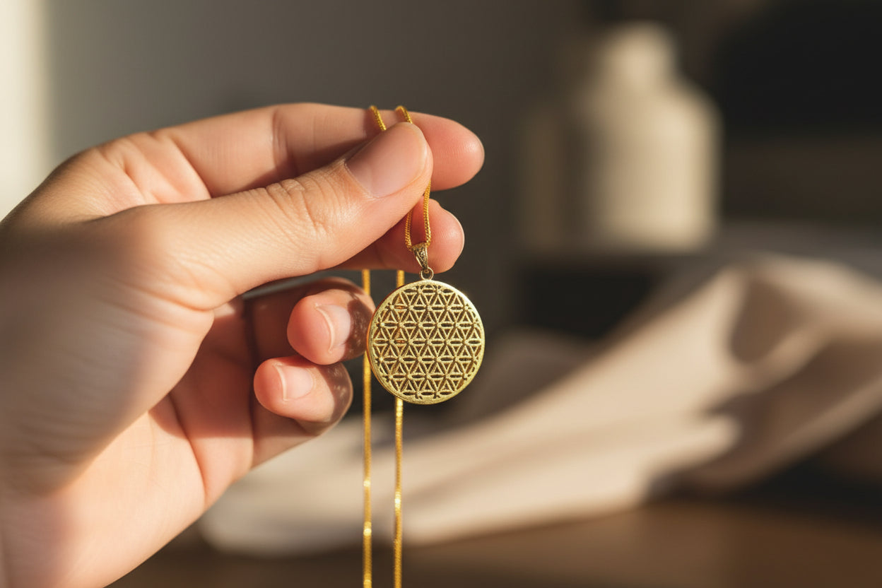 Gold Flower of Life Pendant, Egyptian Talisman Necklace