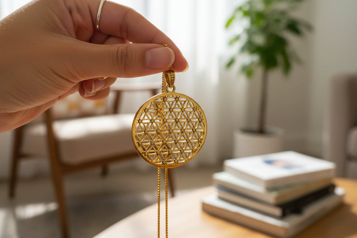Gold Flower of Life Pendant, Egyptian Talisman Necklace