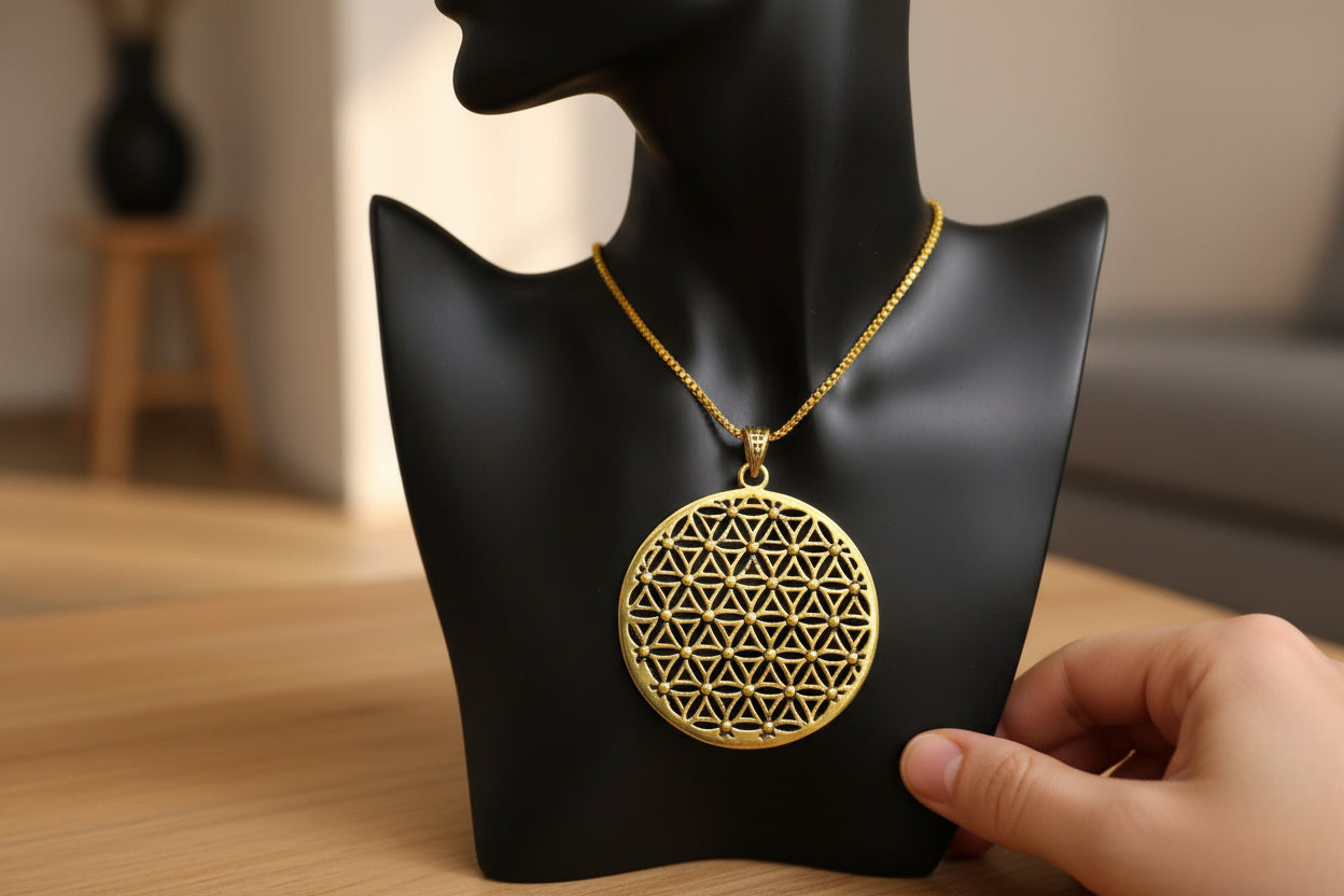 Gold Flower of Life Pendant, Egyptian Talisman Necklace