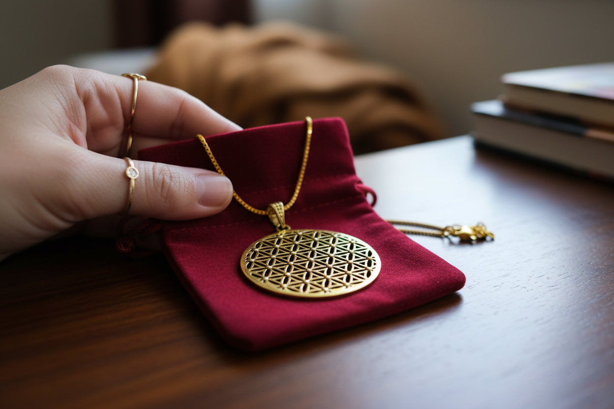 Gold Flower of Life Pendant, Egyptian Talisman Necklace