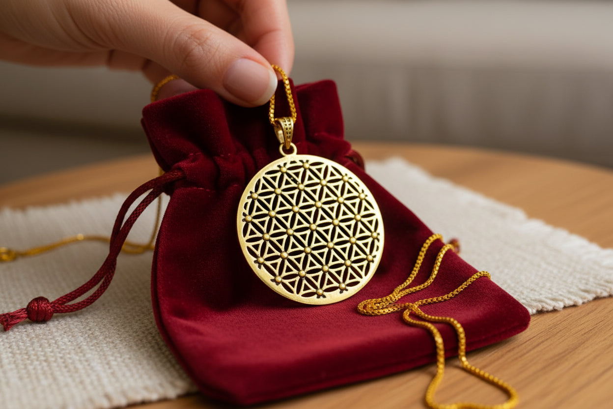 Gold Flower of Life Pendant, Egyptian Talisman Necklace