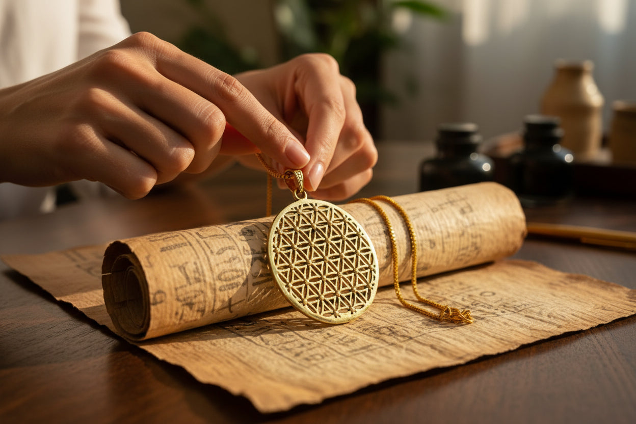 Gold Flower of Life Pendant, Egyptian Talisman Necklace