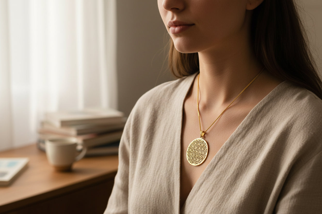 Gold Flower of Life Pendant, Egyptian Talisman Necklace
