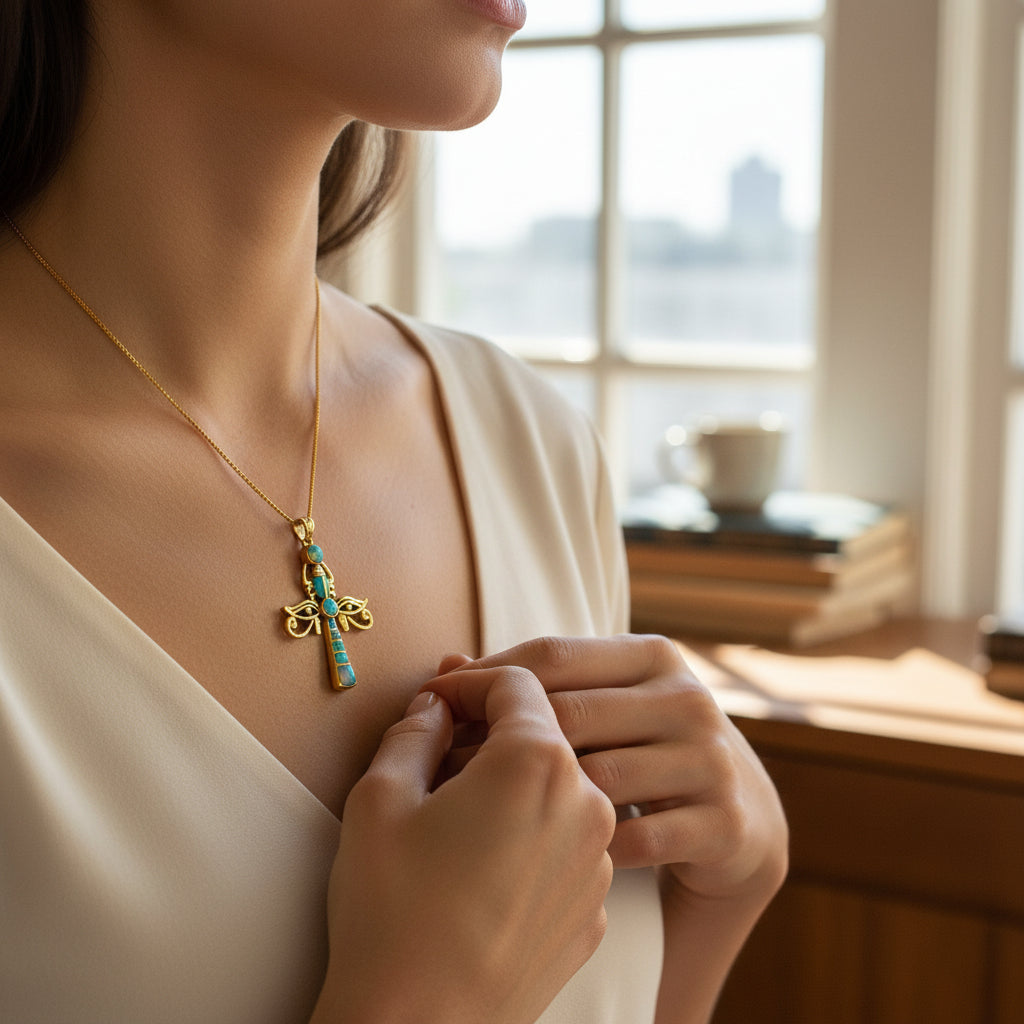 Gold Ankh Opal Pendant, Egyptian Talisman Necklace