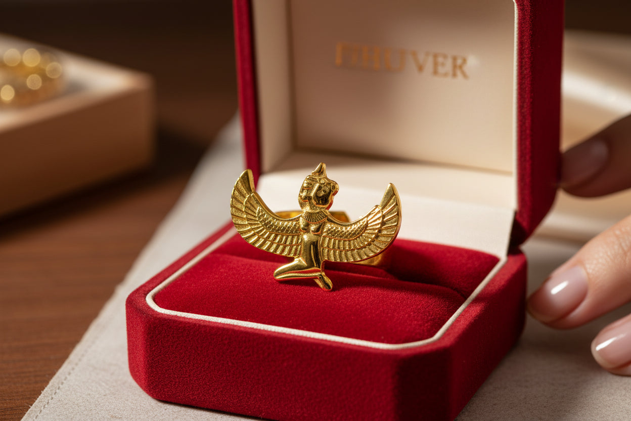Gold Goddess Maat Ring, Egyptian Talisman, Adjustable Band