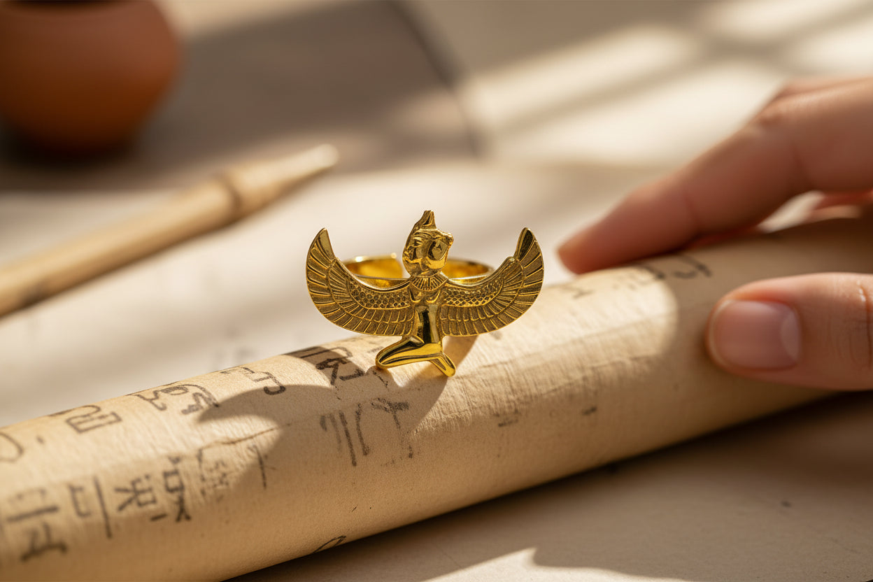 Gold Goddess Maat Ring, Egyptian Talisman, Adjustable Band